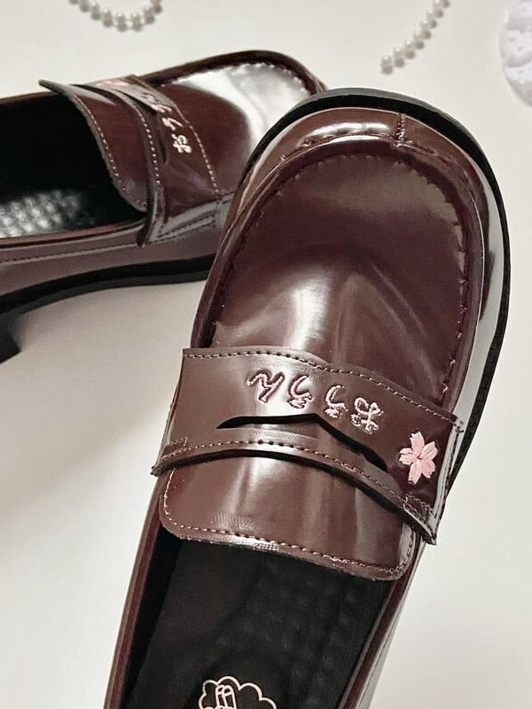 with Blossom Heel Cherry Uniform Embroidery Brown Shoes Style 3 School Options