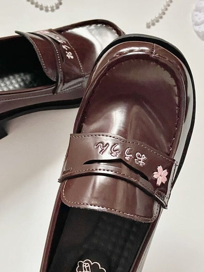 with Blossom Heel Cherry Uniform Embroidery Brown Shoes Style 3 School Options