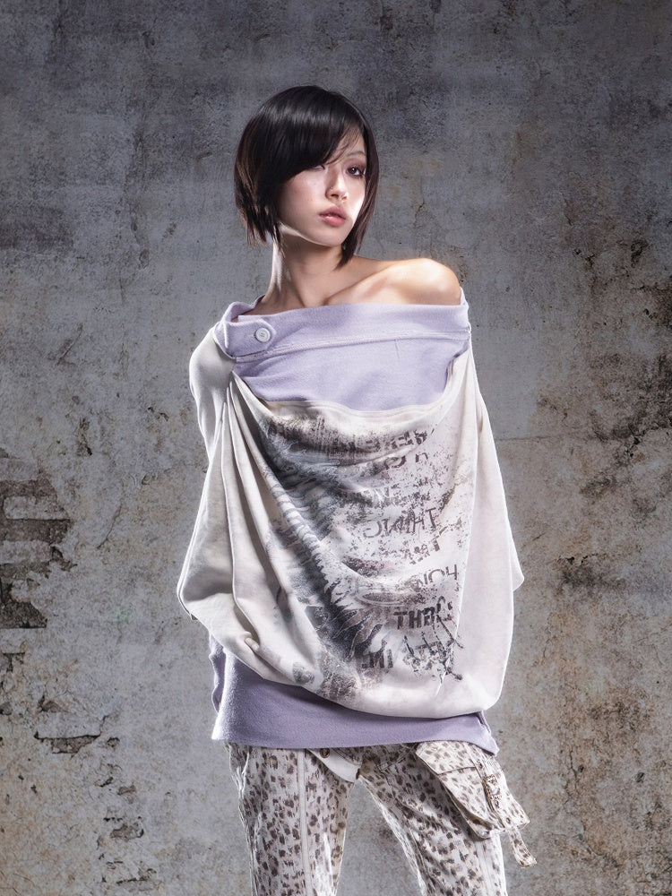 Top with Purple Print Accents Button Two-piece Punk Apricot Letter