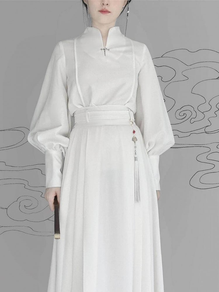 Balloon Mandarin White Chinese Sleeve Cuffs Button Style with Top Sleeves Collar - Snap Long