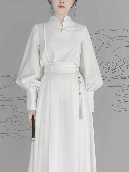 Balloon Mandarin White Chinese Sleeve Cuffs Button Style with Top Sleeves Collar - Snap Long