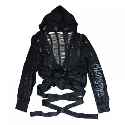 Strap Punk Schwarz Distressed Löcher mit Kapuze Strickjacke Glamouröse Selbst-krawatte