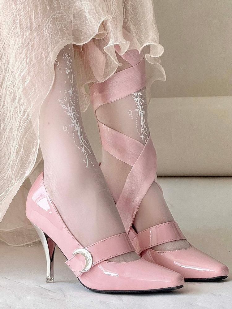 Absätze an der Spitze, hoher Mond, Knöchel, eleganter Klettverschluss, rosa Schnürung + spitze Verschlüsse – Lolita-Akzent