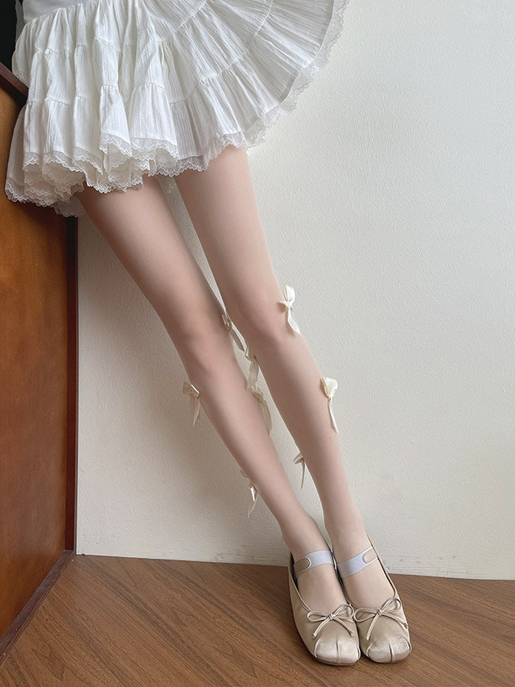 Halbtransparente Lolita Strumpfhose mit Schleife in Weiß