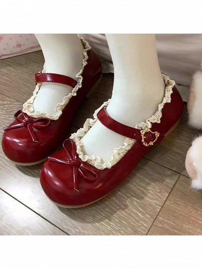 Wine Red Lolita Mary Jane Shoes with Bow and Lace - Rock Sugar Flower Roll