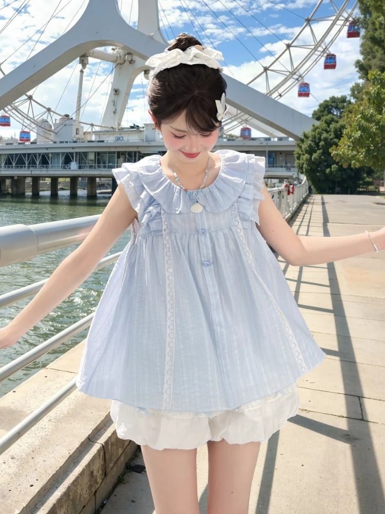 Sweet Tank Top Blue Peter Pan Collar Tiered Flutter Sleeves Bow Buttons