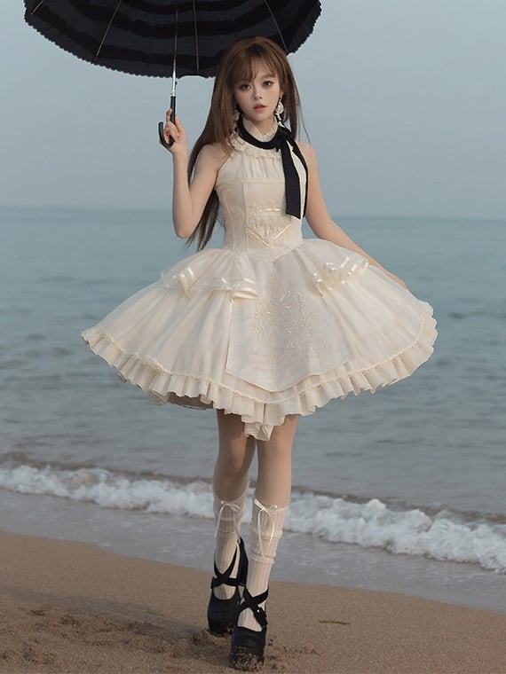 Lolita Halter Creamy Detail Embroidery Classic Delicate Backless Neck Dress