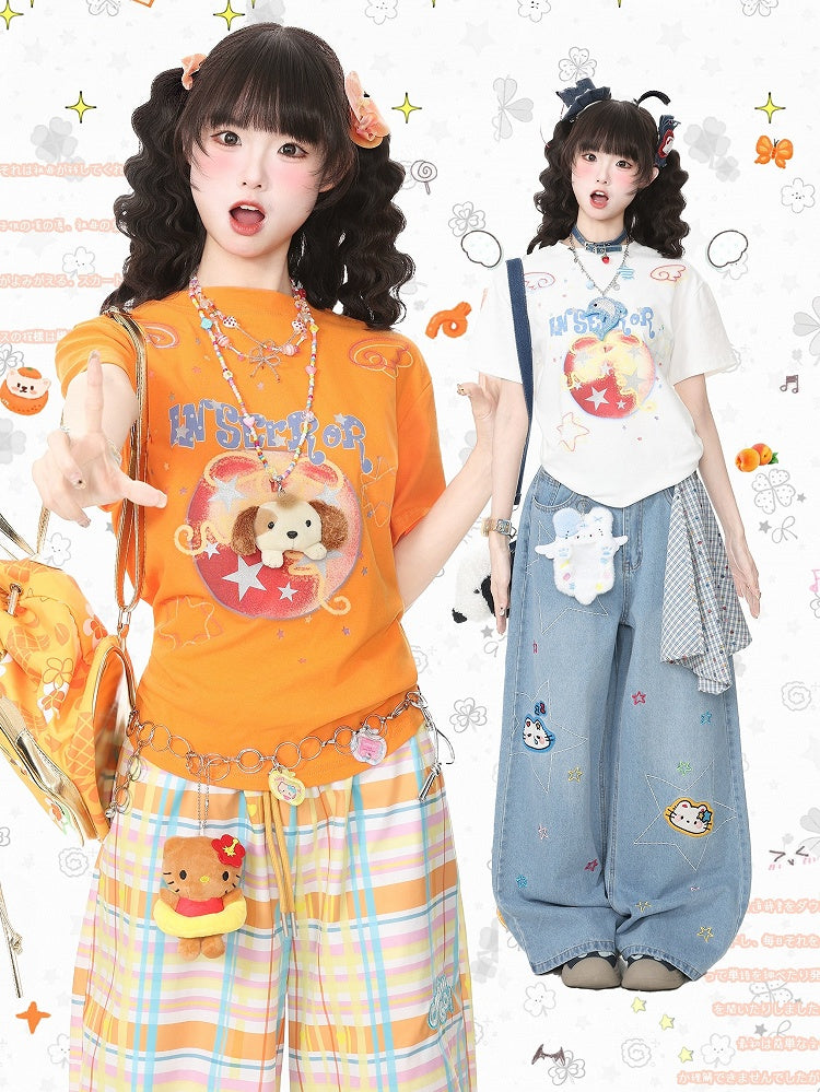 Orange Crew-Neck Tee with Fruit & Star Motif - Languid Park