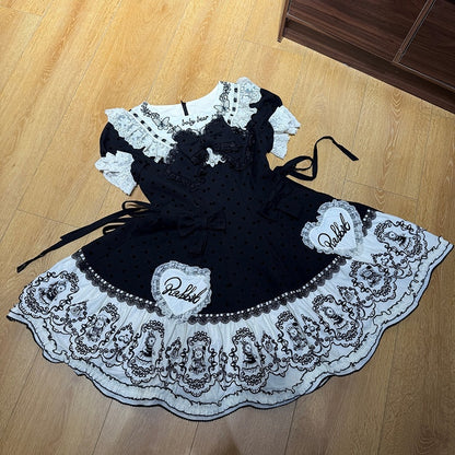 Dress Appliques Rabbit Lace-Trimmed Pattern Sweetheart Black Lolita Polka Sweet with Dot