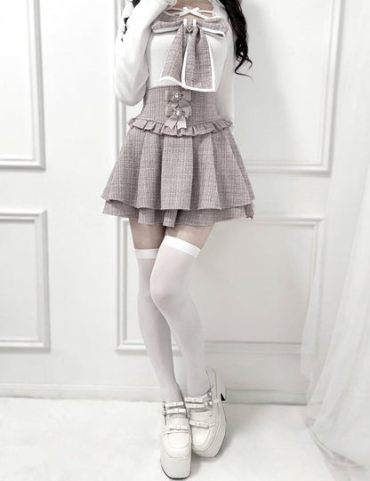 Skirt: Layer Waist with Tweed High Detachable Double Hem Bows Pink Kei Jirai