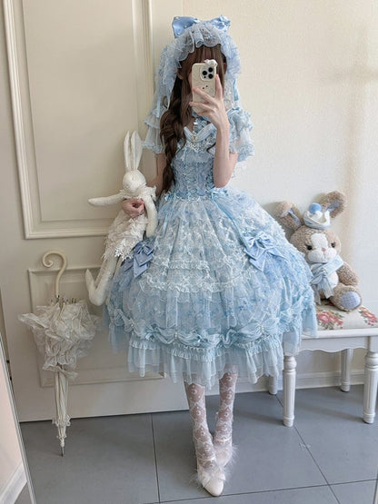 Accents with Lace Hime Blue Bow Dress and Lolita Multi-layer Bead