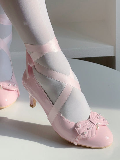 with Mid-heel Beadwork Scalloped in Bow Hem Elegant Details Pink Shoes Shell Lolita
