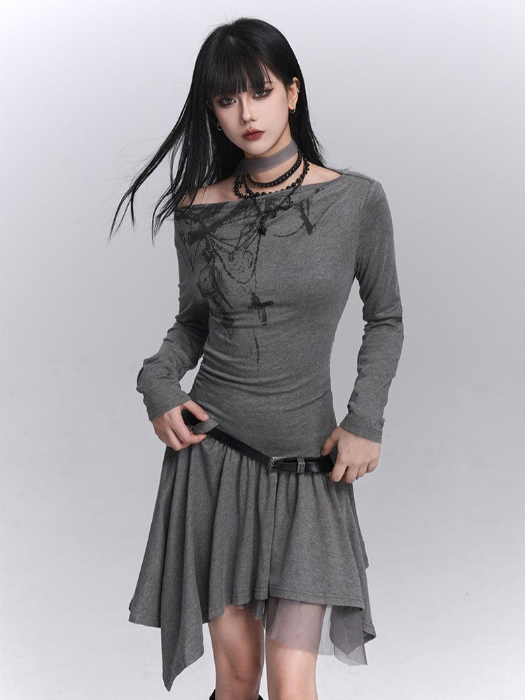 with Gothic Hem Dress Graffiti Handkerchief Light Neck Off-Shoulder Strap Gray