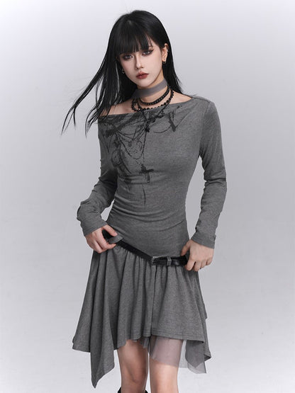 with Gothic Hem Dress Graffiti Handkerchief Light Neck Off-Shoulder Strap Gray