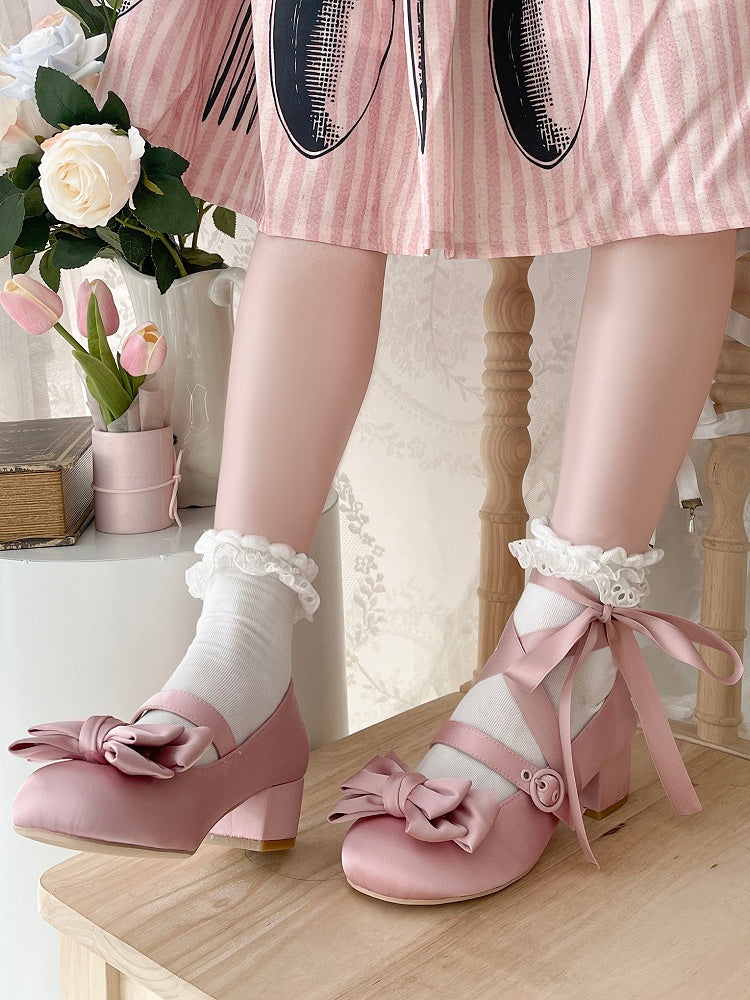 Pink Mary Toe Janes Top Balletcore Satin - Bow Round at Lace-up Ankle