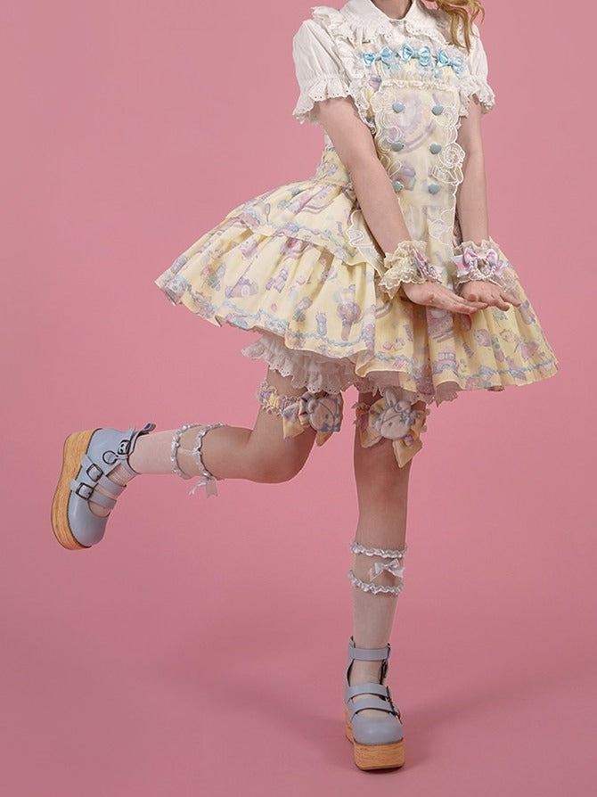 Charming Yellow Overall Gown with Bow Detail and Removable Apron Set - Vcastle
