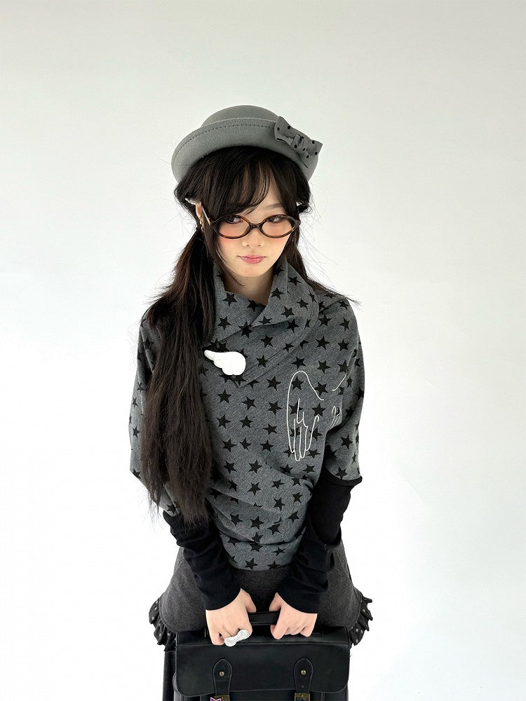 Blouse Star Angel Long Pattern with Wing Asymmetrical Gray Dark Sleeve Accents