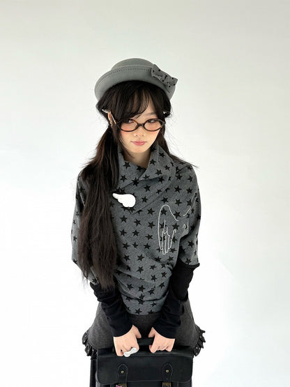 Blouse Star Angel Long Pattern with Wing Asymmetrical Gray Dark Sleeve Accents