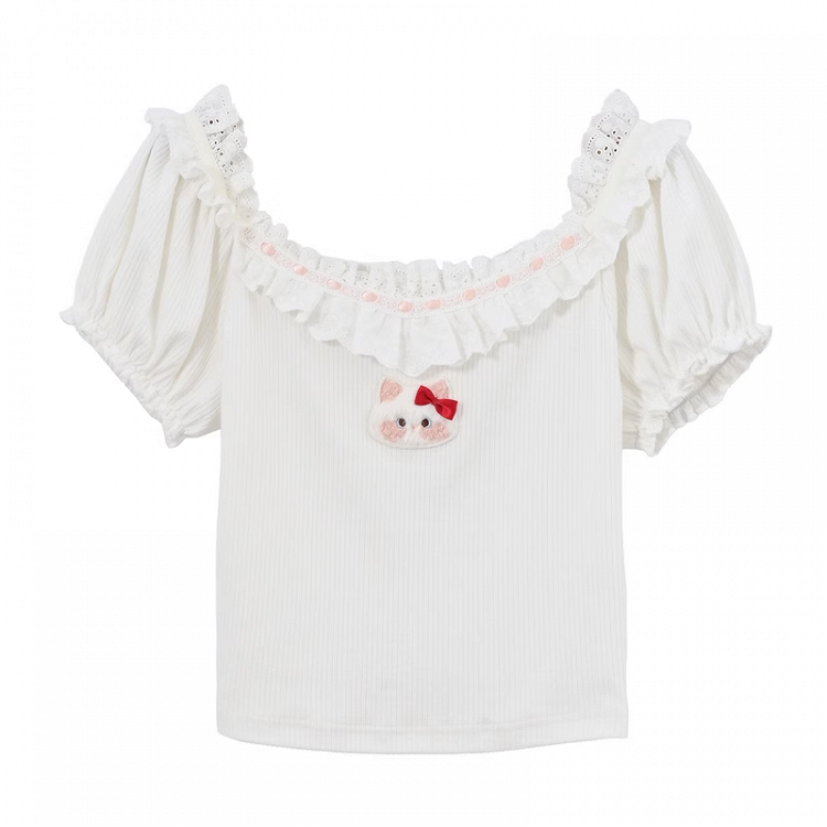 襟付きぬいぐるみキティパフスリーブTシャツホワイトフリルレース