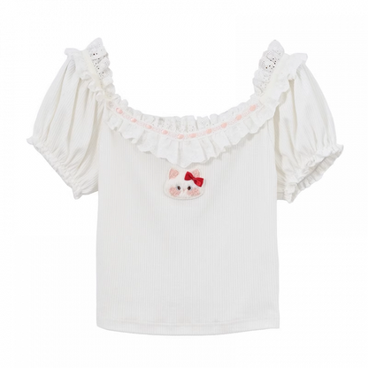襟付きぬいぐるみキティパフスリーブTシャツホワイトフリルレース