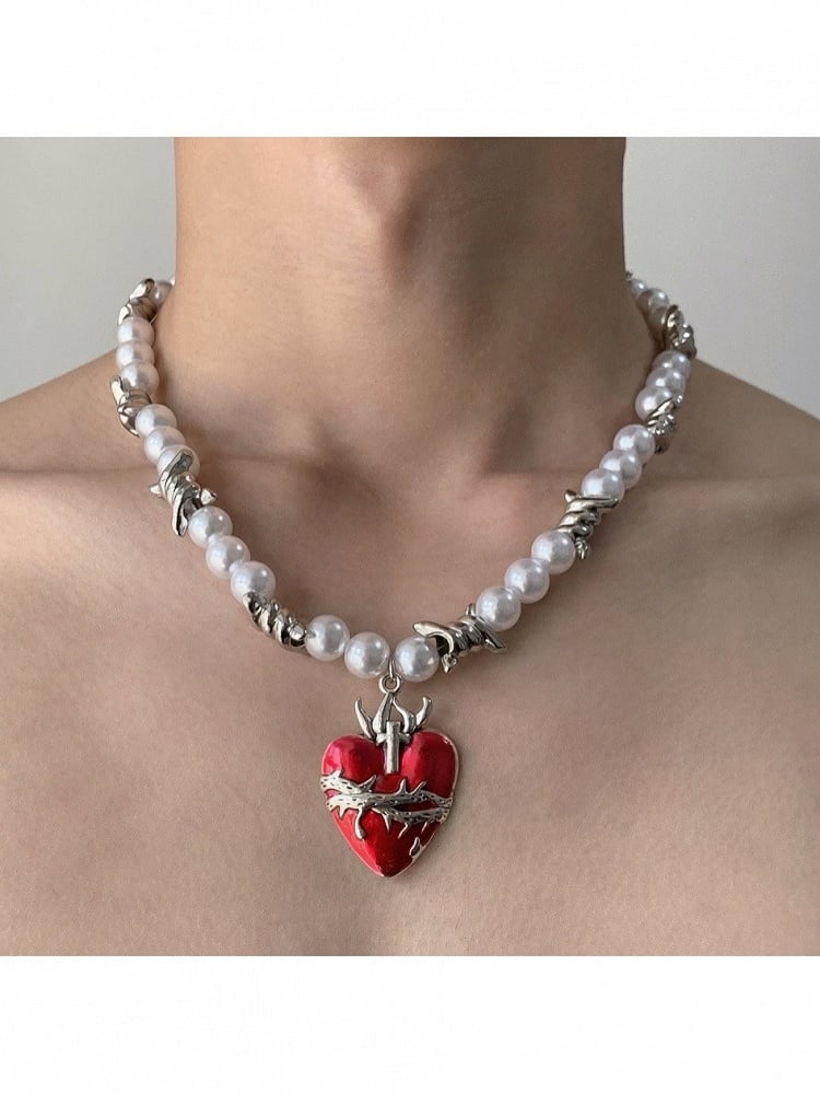 White & Red Y2K Heart Pendant with Pearl Charm - YSHXS