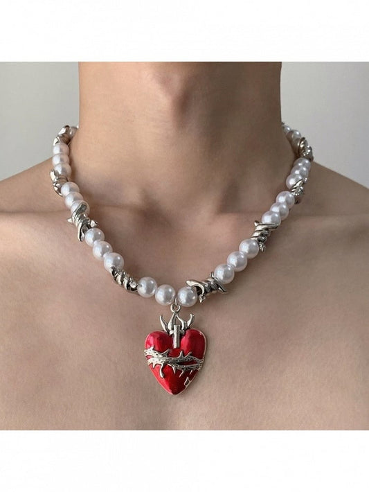 White & Red Y2K Heart Pendant with Pearl Charm - YSHXS