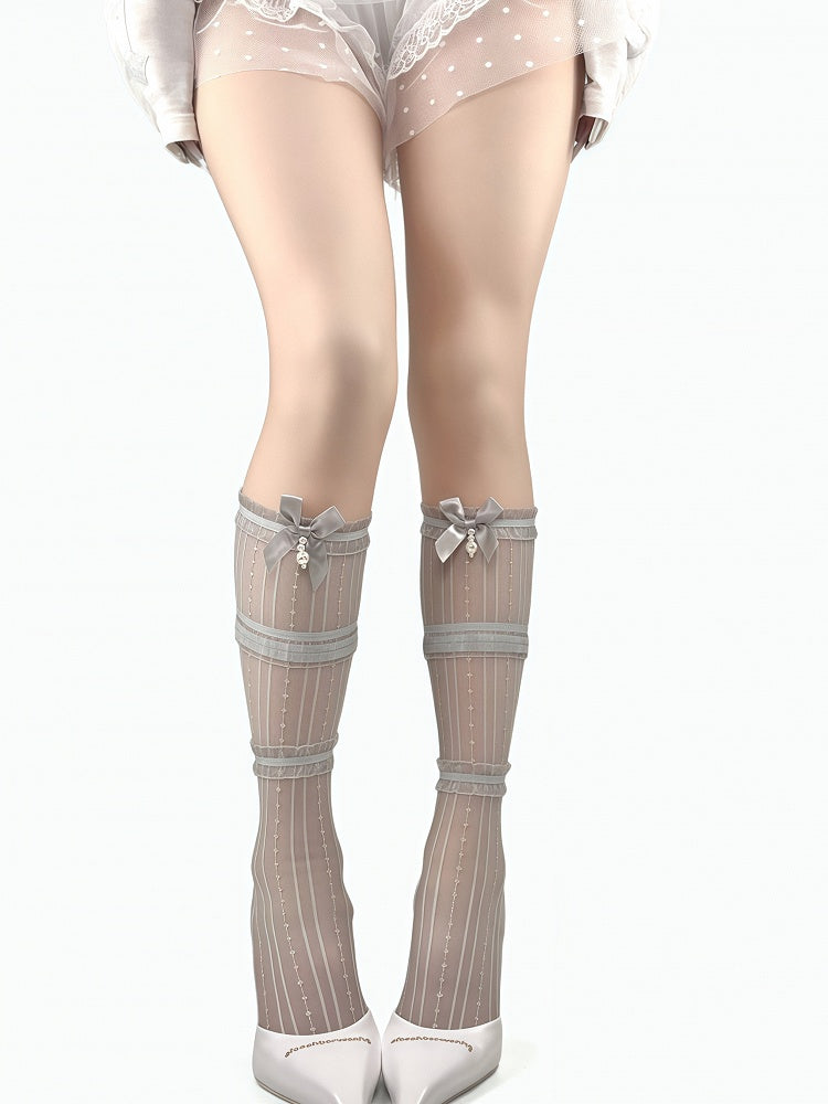 Lace Charm White/Beige/Gray/Black Bowknot Under-Knee Trim Beaded Stockings Decorated