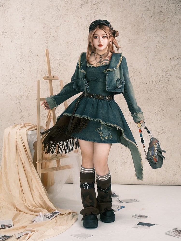 Size Jacket with Y2K Punk Hem Wasteland Plus Denim Gray-Blue Raw Crop