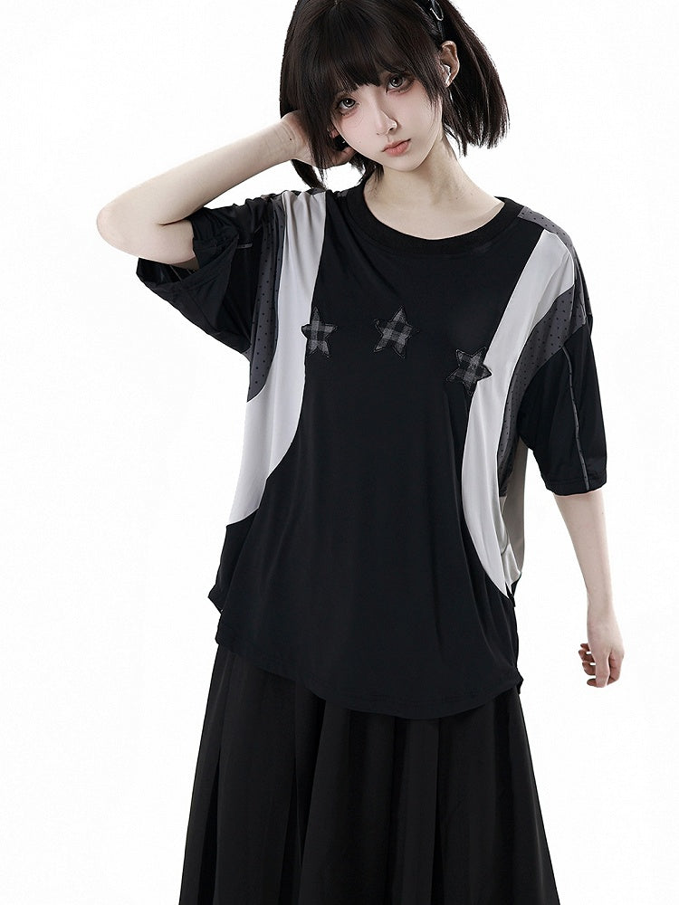 Neck Design Round Sports T-shirt Colorblock Star Appliques Plaid Black/Gray