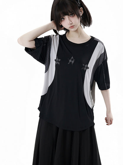 Neck Design Round Sports T-shirt Colorblock Star Appliques Plaid Black/Gray
