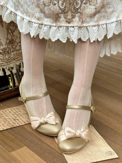 Bow Accents & Decorative Heart Snap PU Golden Mid Heels in Classic Lolita