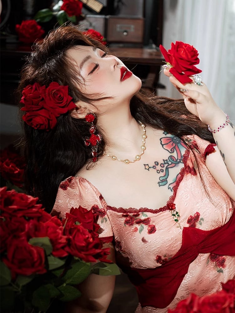 裾スカート プラスサイズ メッシュ レッド ロゼットプリント ドレス パッチワーク マーメイド