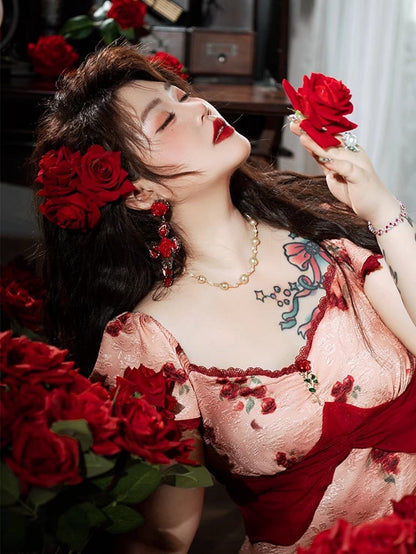 裾スカート プラスサイズ メッシュ レッド ロゼットプリント ドレス パッチワーク マーメイド