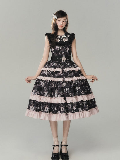 Elegant Black Lolita Layered Sleeveless Gown with Embroidered Accents - Yimu Walnut