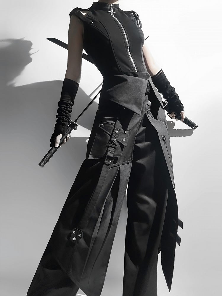 Schwarze Hose All + Techwear Top Set Ouji - Gürtel Ärmellos Mode Vollschürze Gothic