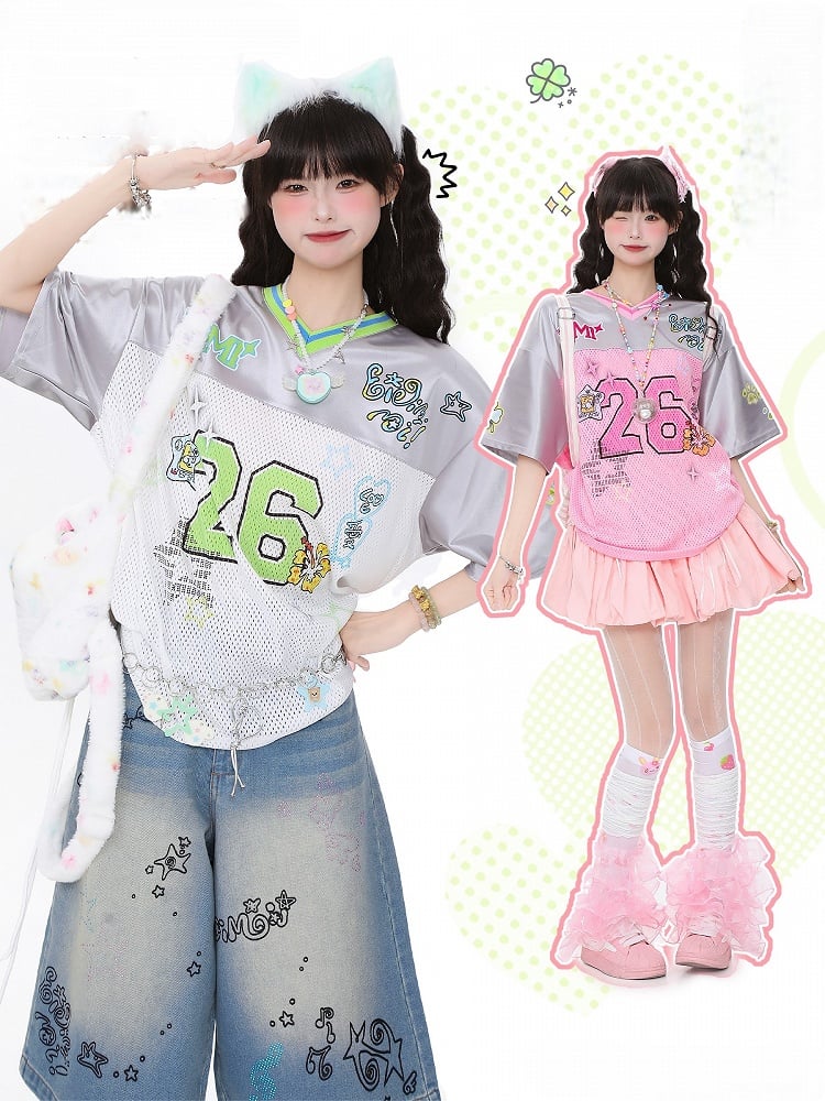 Breathable Satin Jersey T-Shirt with Contrast Collar and Number Print Pink/Green