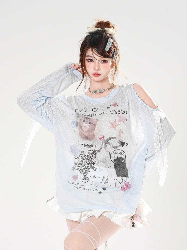 Cutout Halbtransparente Schulter Süßes Coverup Blau/Weiß Kitty Print