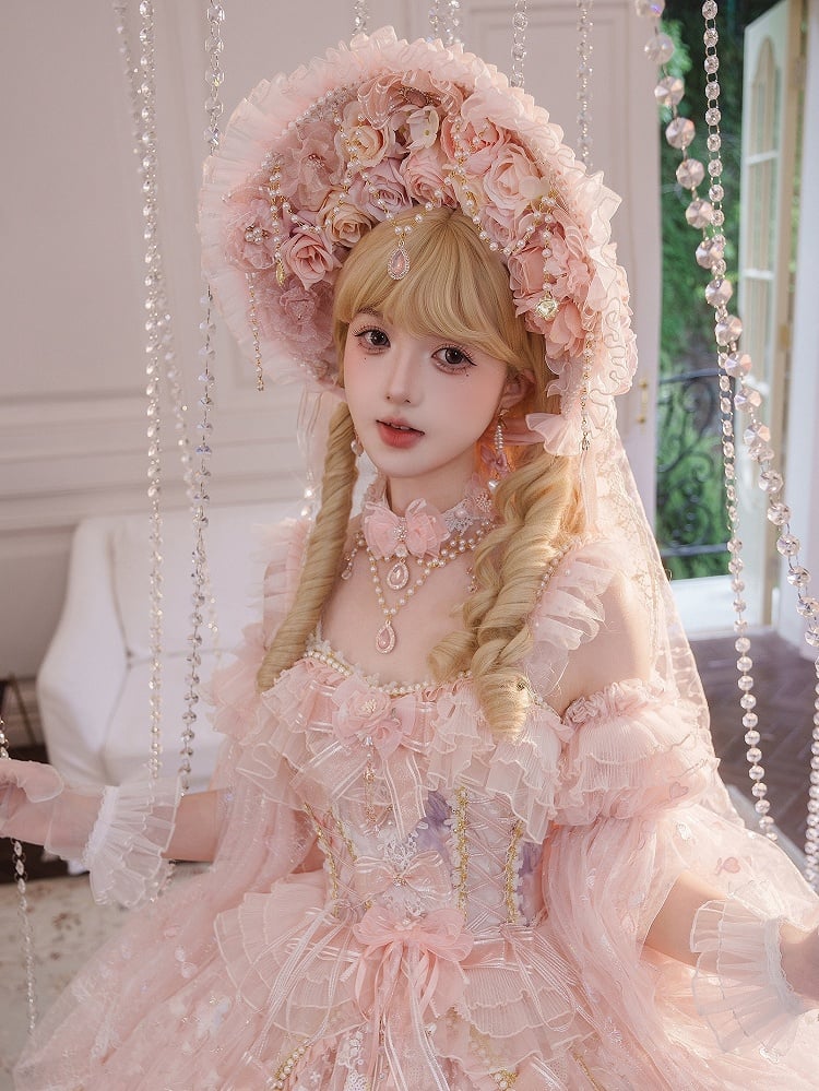 Veil Design Bonnet Sequined Lolita Floral Pink and Hanayome Bead Details with