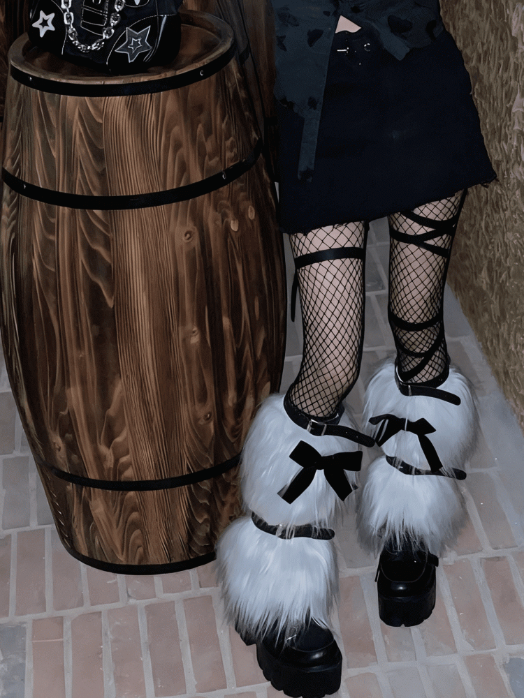 Leg Black Warmers With White Plush Bow Decoration