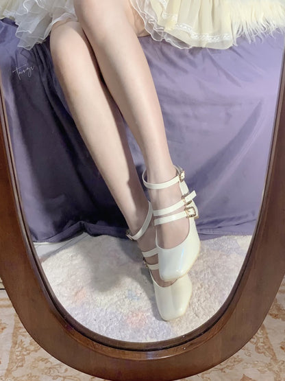 - with Heart Straps Mid Elegant Heels Cutout White PU Lolita Buckle Triple Heel Leather