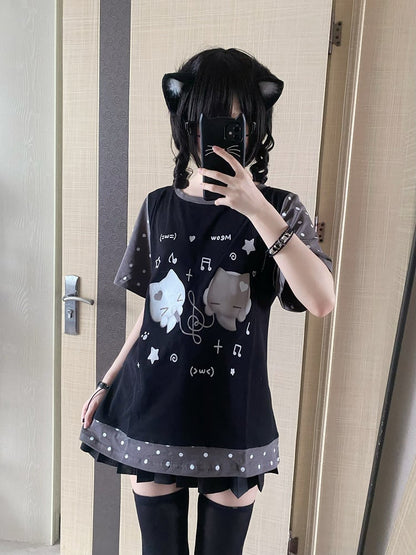 Cotton Polka with Note T-shirt Music Dot Pattern Black Panel Print Cat Themed