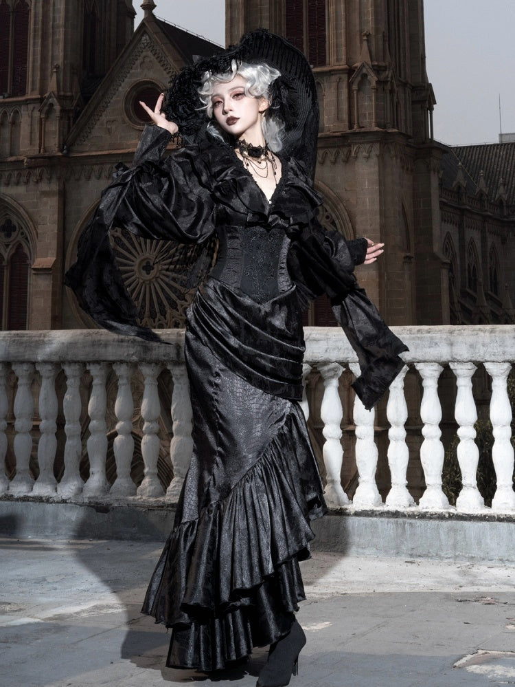 Gothic Asymmetrischer Rock Korsett mit Taillenstäbchen Kaskadierender hoher Lolita-Volant Meerjungfrauensaum Schwarz