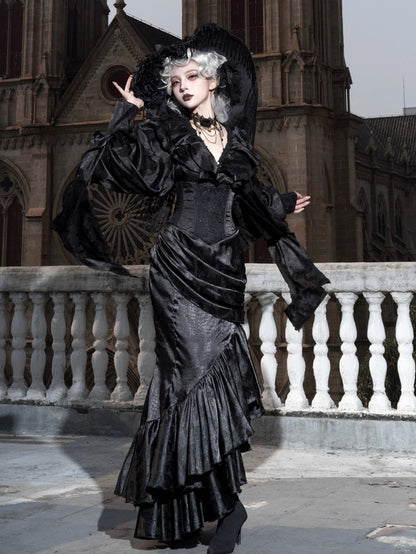 ゴシック アシンメトリー スカート ボーンウエスト コルセット カスケード ハイ ロリータ フラウンス マーメイド ヘム ブラック