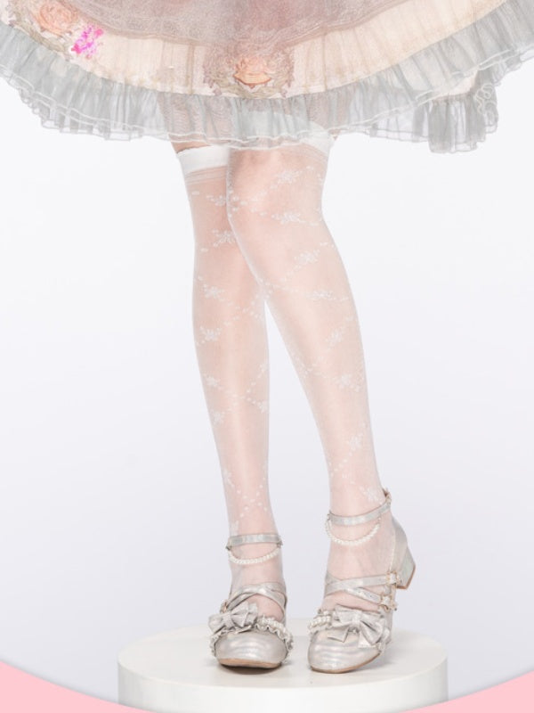 White Sakura Pattern Ribbed Trim Over Knee Stockings