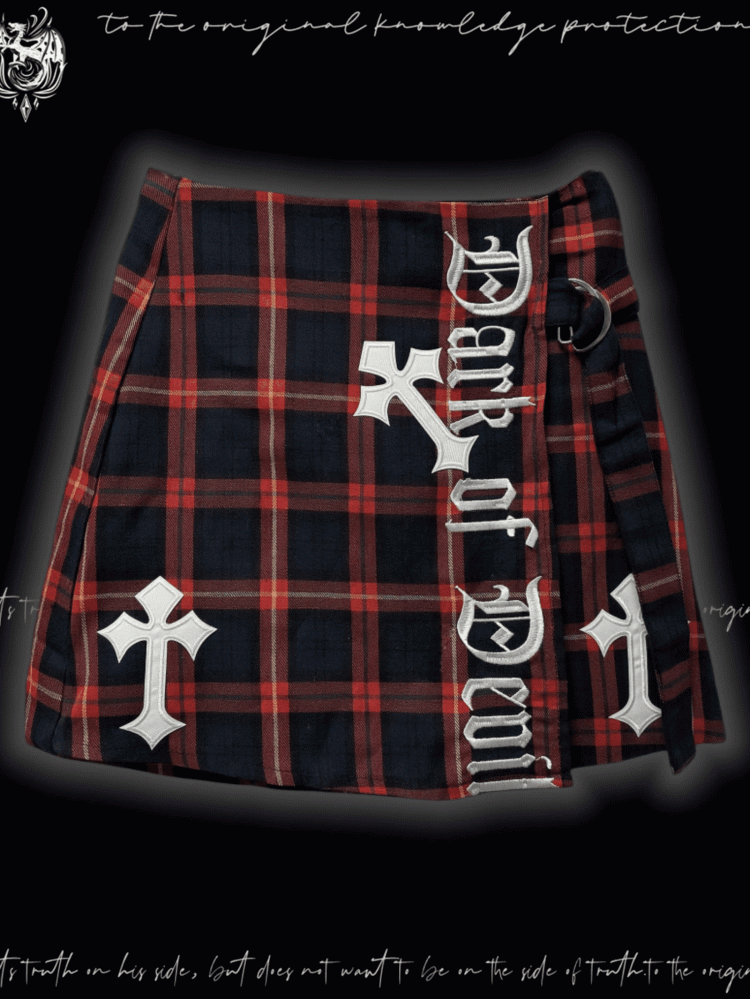 Glamorous Red  Black Plaid Cross Appliques Skirt Y2K