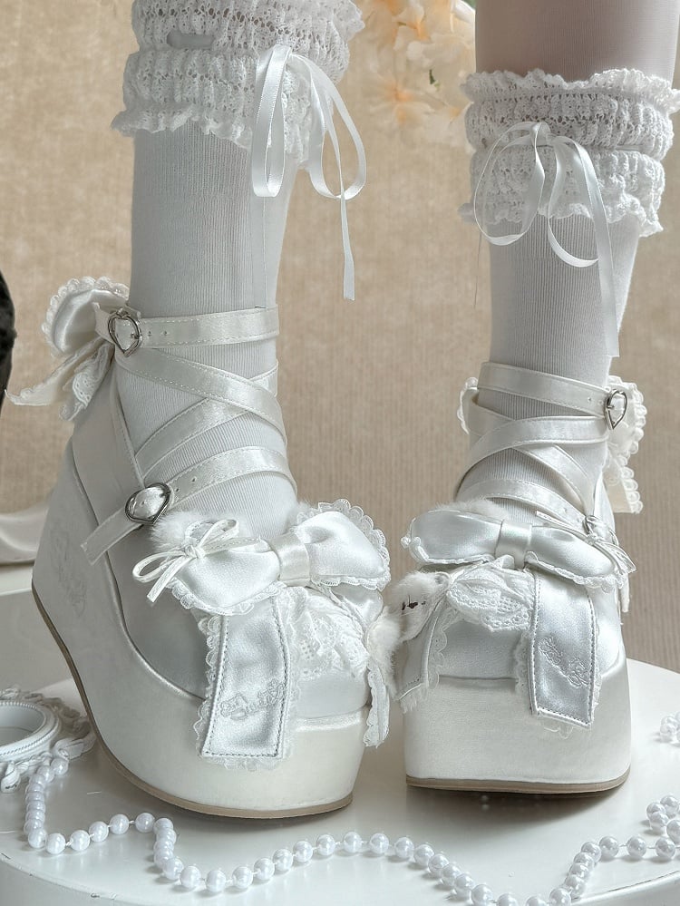 White Ears Janes - Platform Lolita Sweet Mary Satin Bear Plush