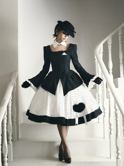 Retro Black Blazer & Polka Dot Skirt Ensemble with Bow Accents and Detachable Collar - Charing Cross