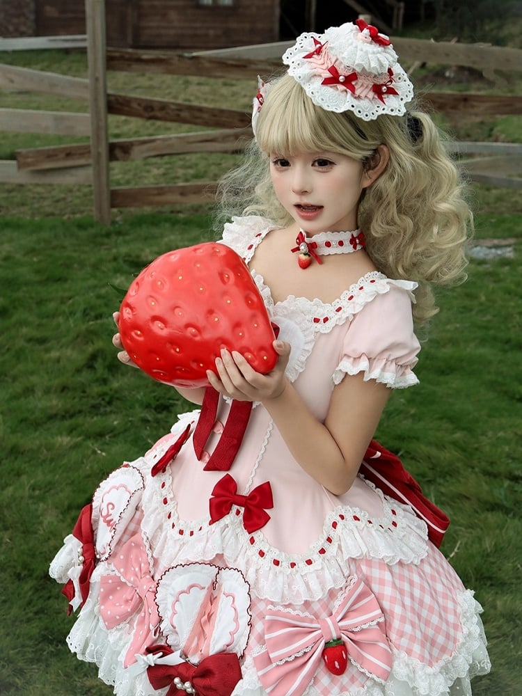 Lace Red Bowknot Choker Strawberry Lolita Pendant White with