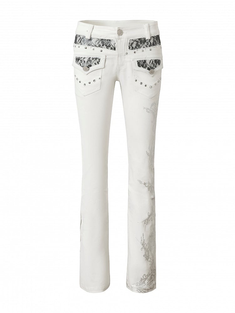 Embellishments Studded Jeans Punk Lace White Flare Silver with Vintage Details Slight