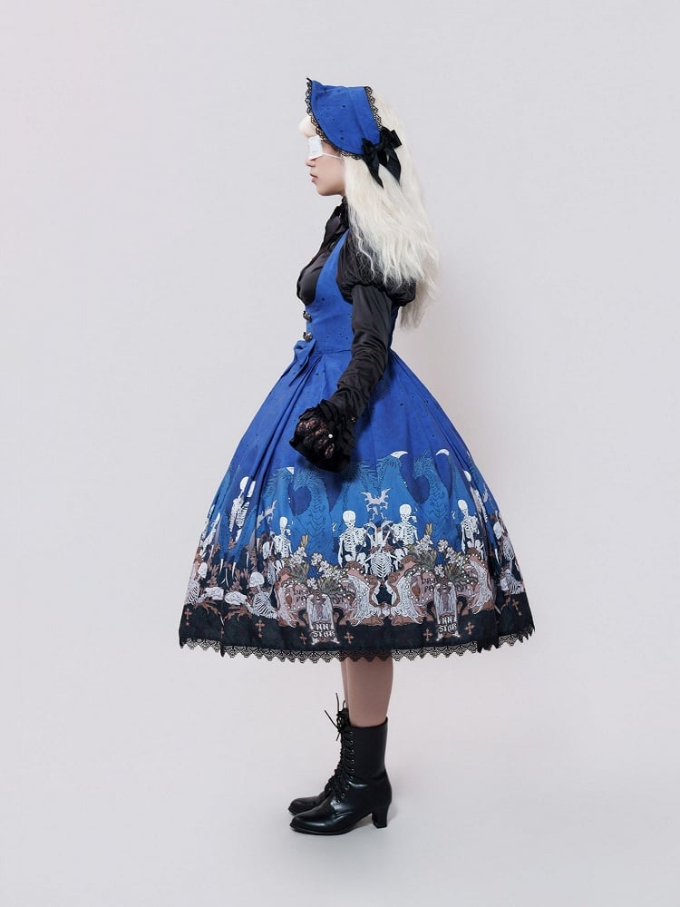 Blue Skeleton Cross Print Under Bust Gothic Lolita Dress with Black Lace Trim - NnSTAR